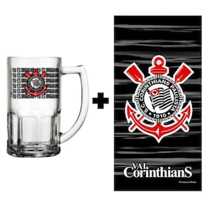 Kit Toalha + Caneca Vidro Cerveja Chopp 340 ml Corinthians Oficial Licenciado