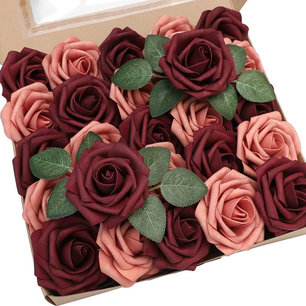Flores artificiais Floroom, cor de vinho e rosas de espuma de cedro rosado, com aparência real, 25 unidades