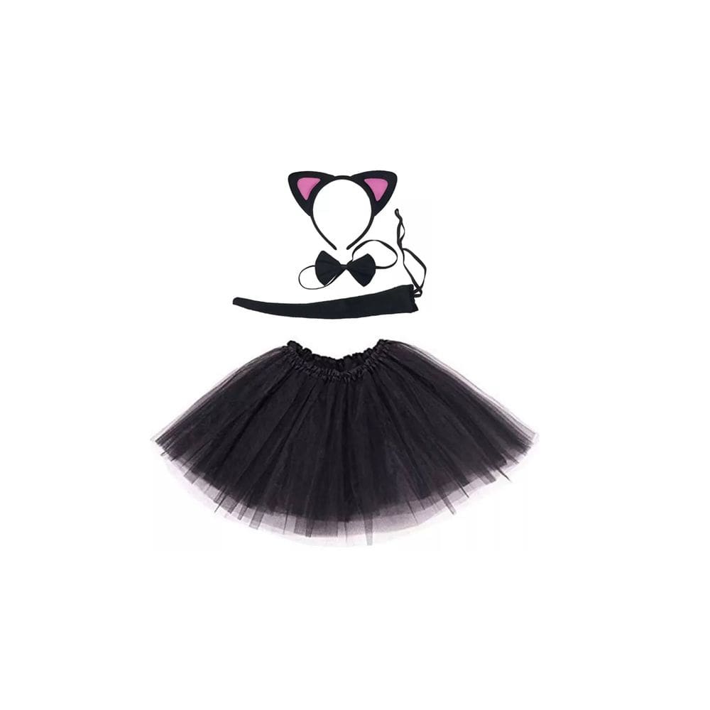 Kit 4 Pçs Gatinha Preta Tiara Gravata Saia Rabo Carnaval
