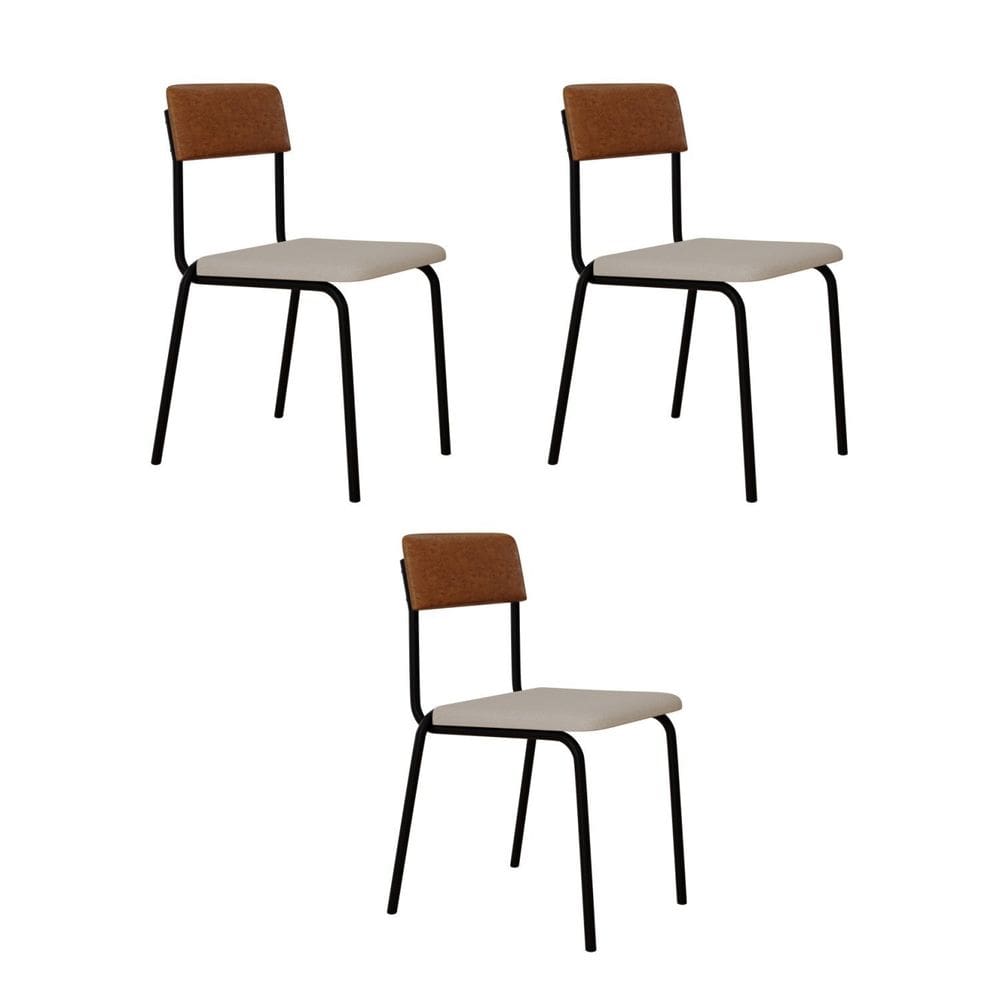 Conjunto 3 Cadeiras Estofadas Fixa Empilhável Fit Palha Corriente /Caramelo / Preto Fosco MT