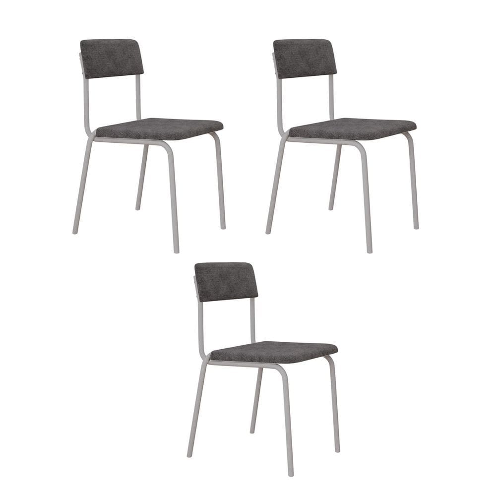 Conjunto 3 Cadeiras Estofadas Fixa Empilhável Fit Névoa Prata  / Branco Fosco