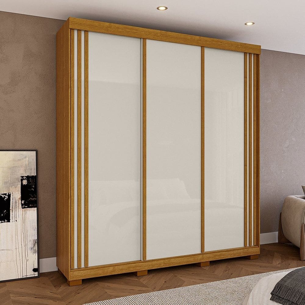 Guarda-Roupa Casal 220cm 3 Portas 100% MDF Kamala Espresso Móveis Off White/Cinamomo