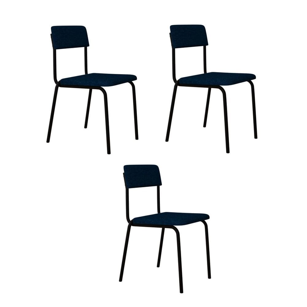 Conjunto 3 Cadeiras Estofadas Fixa Empilhável Fit Azul Corriente / Preto Fosco MT