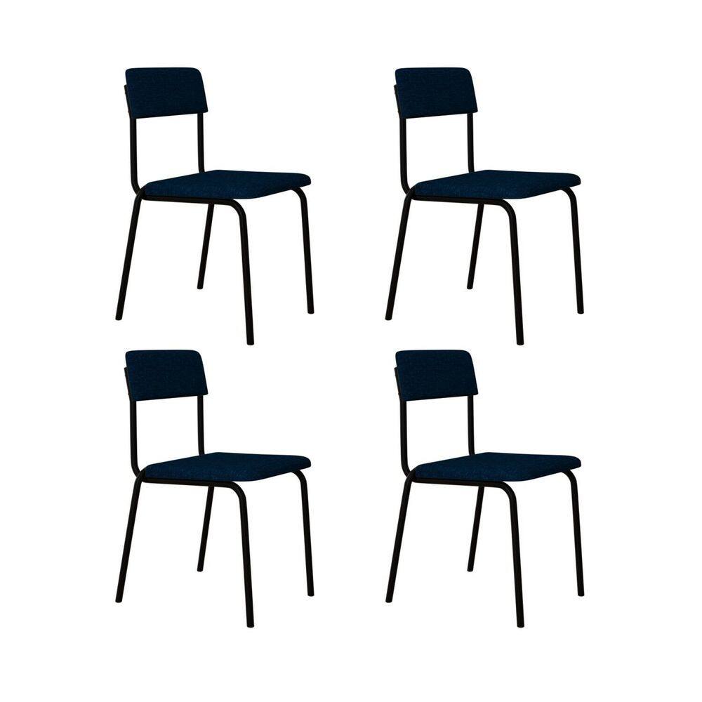 Conjunto 4 Cadeiras Estofadas Fixa Empilhável Fit Azul / Preto Fosco