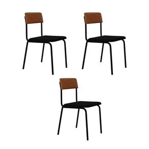 Conjunto 3 Cadeiras Estofadas Fixa Empilhável Fit Preto /Caramelo / Preto Fosco MT