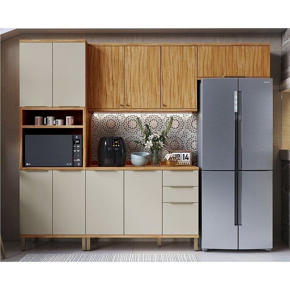 Cozinha Modulada Compacta 270cm 4 Peças 10 Portas com Tampo 100% MDF Noruega Espresso Móveis Amêndoa/Off White