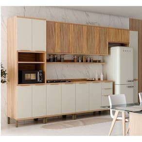 Cozinha Modulada Completa 385cm 7 Peças 16 Portas com Tampo 100% MDF Noruega Fresada Espresso Móveis Amêndoa/Off White