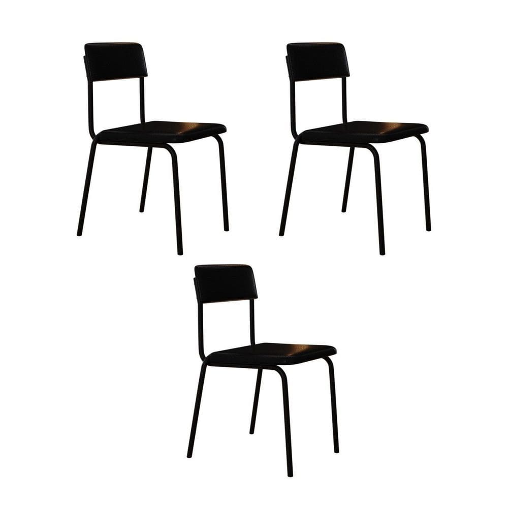Conjunto 3 Cadeiras Estofadas Fixa Empilhável Fit Preto / Preto Fosco