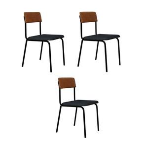 Conjunto 3 Cadeiras Estofadas Fixa Empilhável Fit Cinza Corriente/Caramelo/Preto Fosco