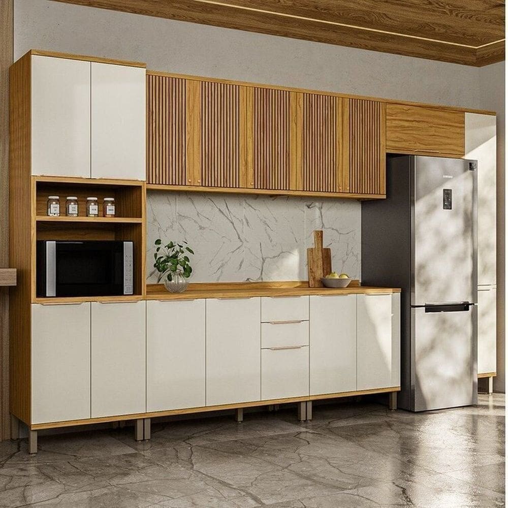 Cozinha Modulada Completa 385cm 7 Peças 16 Portas com Tampo 100% MDF Noruega Fresada Espresso Móveis Amêndoa/Off White