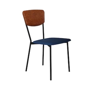 Cadeira Fixa Estofada Vintage Retrô Azul/Caramelo/Preto Fosco