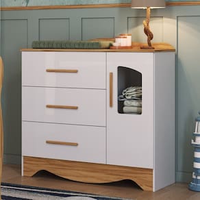 Cômoda Infantil 92,9cm 1 Porta com Janela e 3 Gavetas Alice 100% MDF Espresso Móveis Branco/Amêndoa