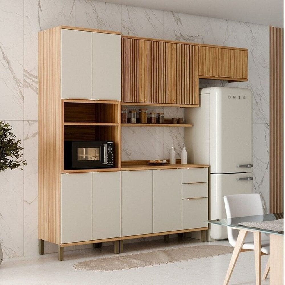 Cozinha Modulada Compacta 270cm 4 Peças 10 Portas com Tampo 100% MDF Noruega Fresada Espresso Móveis Amêndoa/Off White