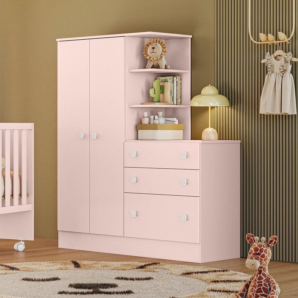 Guarda-Roupa com Cômoda 3 Gavetas Doce Sonho Rosa