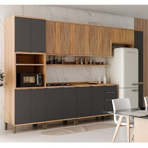 Cozinha Modulada Completa 385cm 7 Peças 16 Portas com Tampo 100% MDF Noruega Fresada Espresso Móveis Amêndoa/Cinza