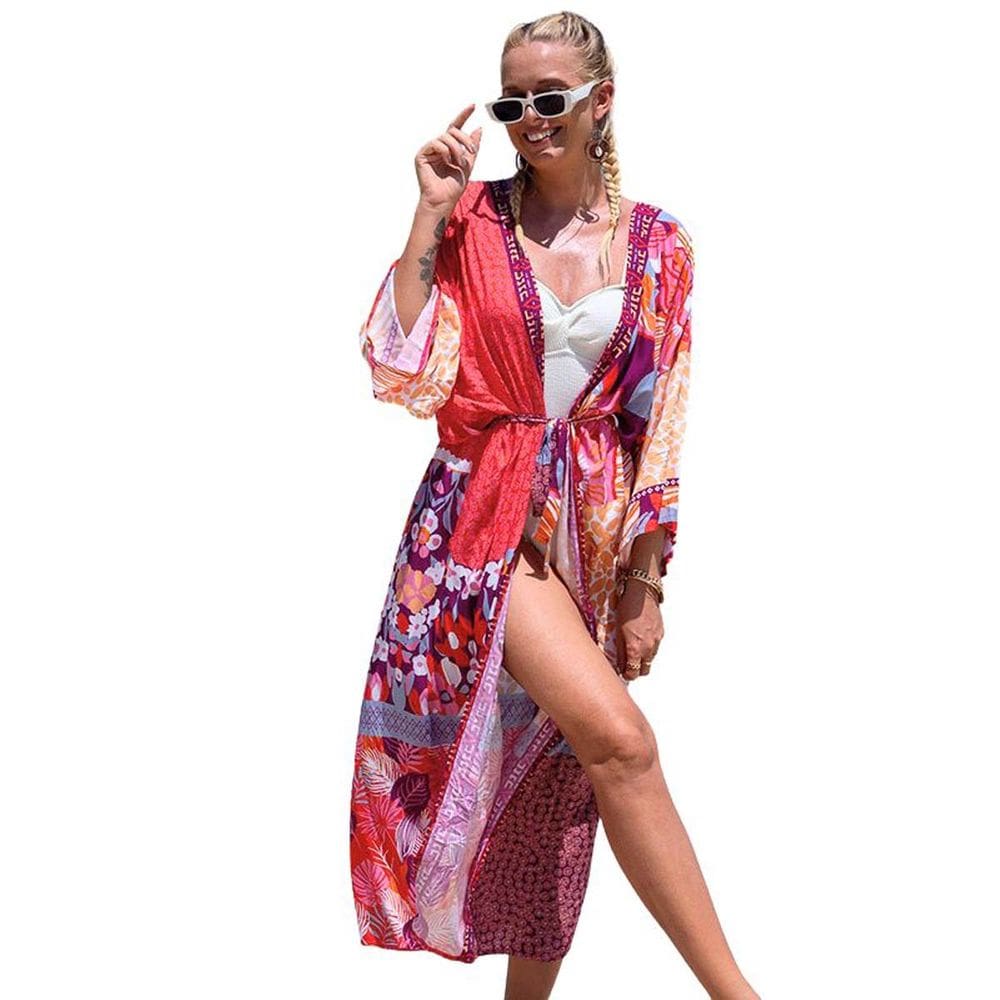 Saída de Praia Longa Estampada Túnica Kimono Elegant Piscina