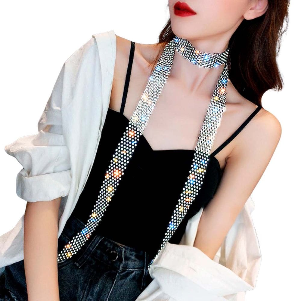 Colar Gravata de Cristais Brilhantes Stras Sofisticação Luxo