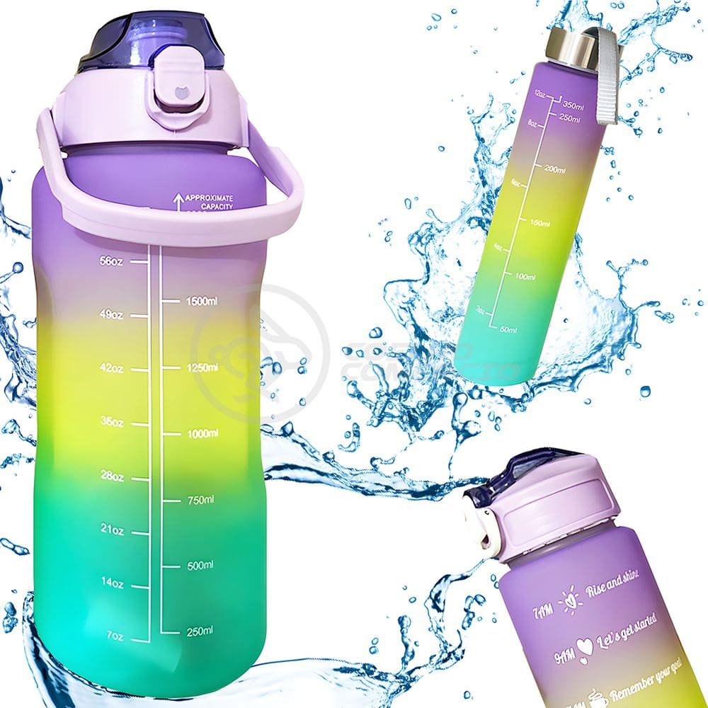 Conjunto de Garrafas Motivacionais 3 em 1 Roxa Academia Tie-Dye Squeeze Alça + Adesivos 2D e 3D