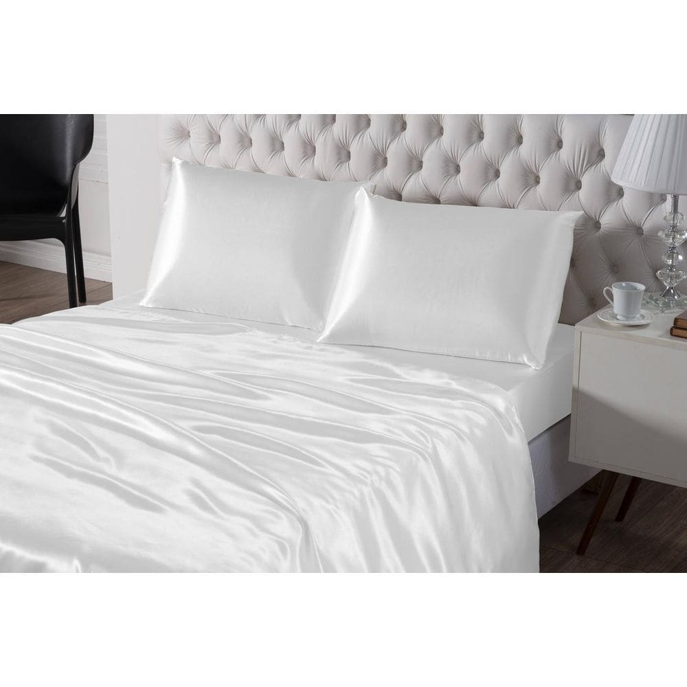 Kit Lençol De Seda 4 Peças Casal Queen Branco Cetim