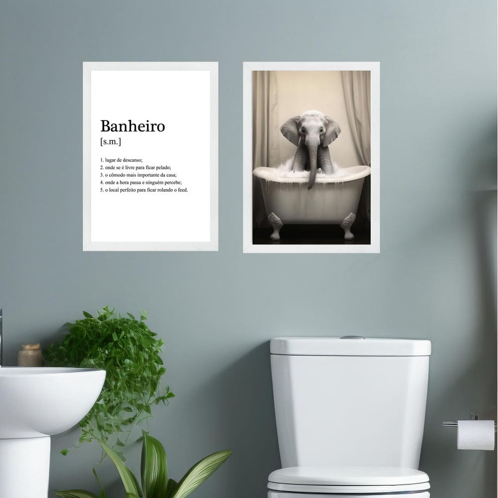 Kit 2 Quadros Decorar Banheiro - Elefantinho 24X18Cm