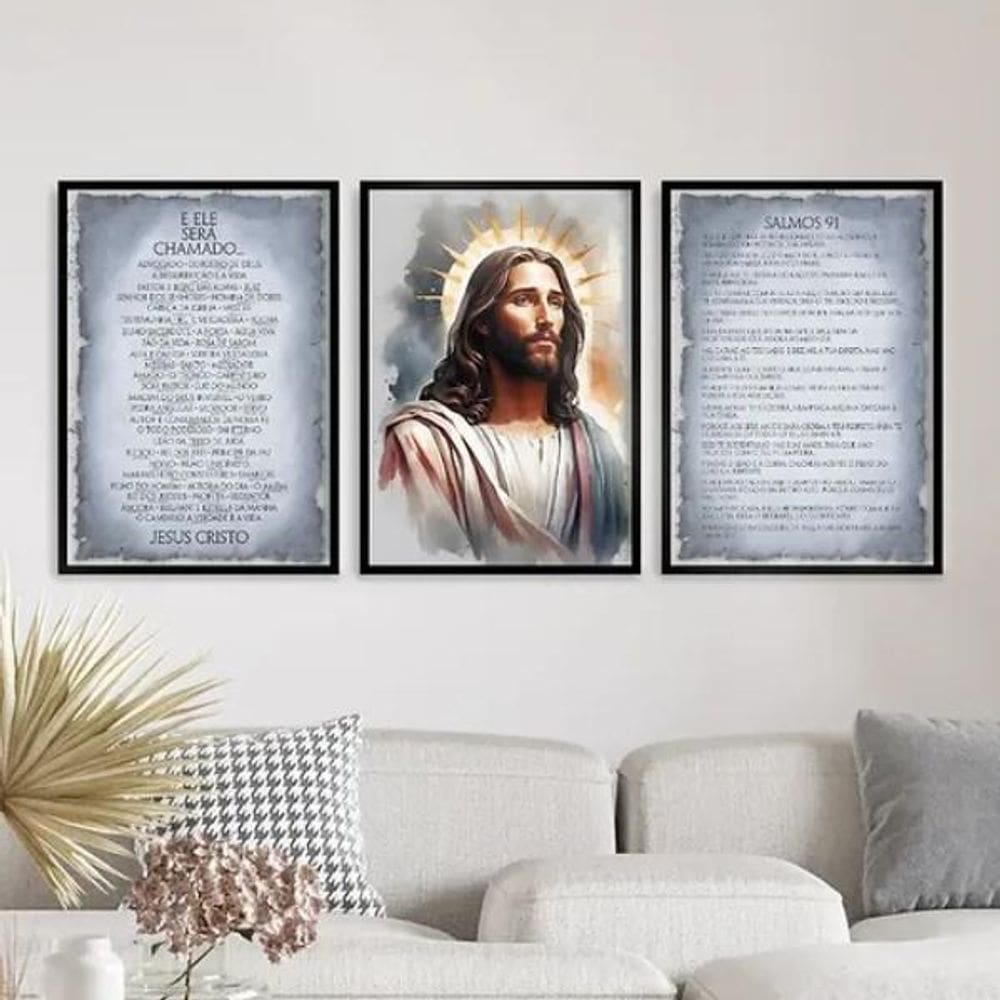 Kit 3 Quadros Jesus Cinza E Dourado Salmos 91 45X34Cm Vidro