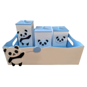 Kit Higiene Bebê MDF 4 Peças Cesta Organizadora Panda Azul