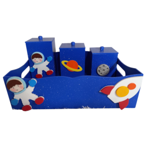 Kit Higiene Bebê MDF 4 Peças Cesta Organizadora Astronauta