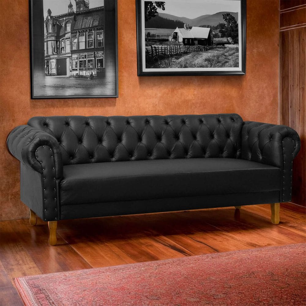 Sofá Chesterfield 3 Lugares Pés Luís XV Capitonê Corino Preto