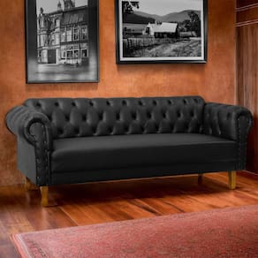 Sofá Chesterfield 3 Lugares Pés Luís XV Capitonê Corino Preto