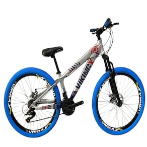 Bicicleta Vikingx Prata Azul Aro 26 Câmbios Shimanos Aro Vmaxx Pneu Azul