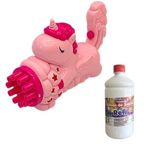 Lança Bolhas Coloridas Unicórnio Infantil com Refil 1L Bolinhas de Sabão Brasilflex