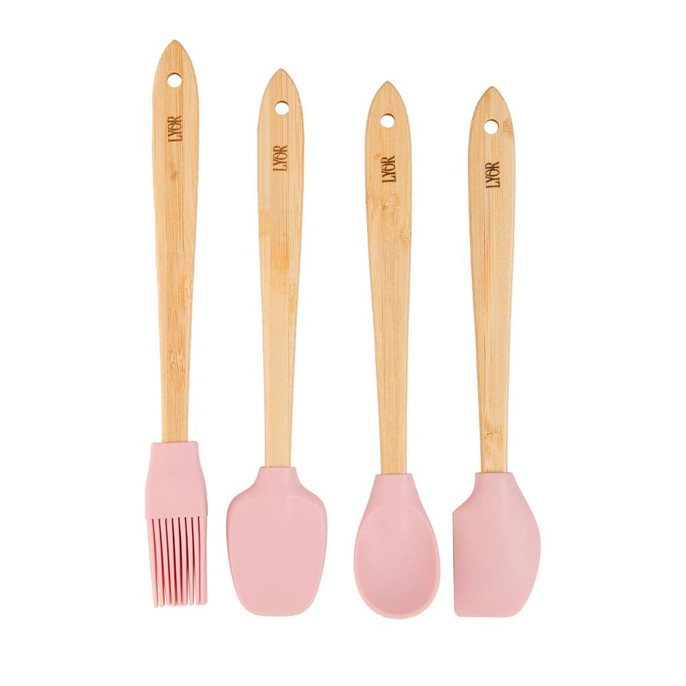 Conjunto 4 Utensílios de Silicone com Cabo em Bambu Rosa - L