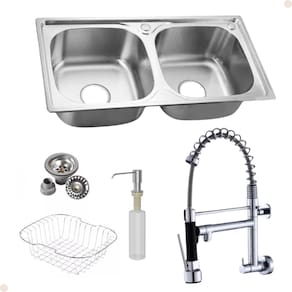 Kit Cuba Gourmet Dupla Inox Com Acessórios E Torneira Gourmet Vip Parede Cromada