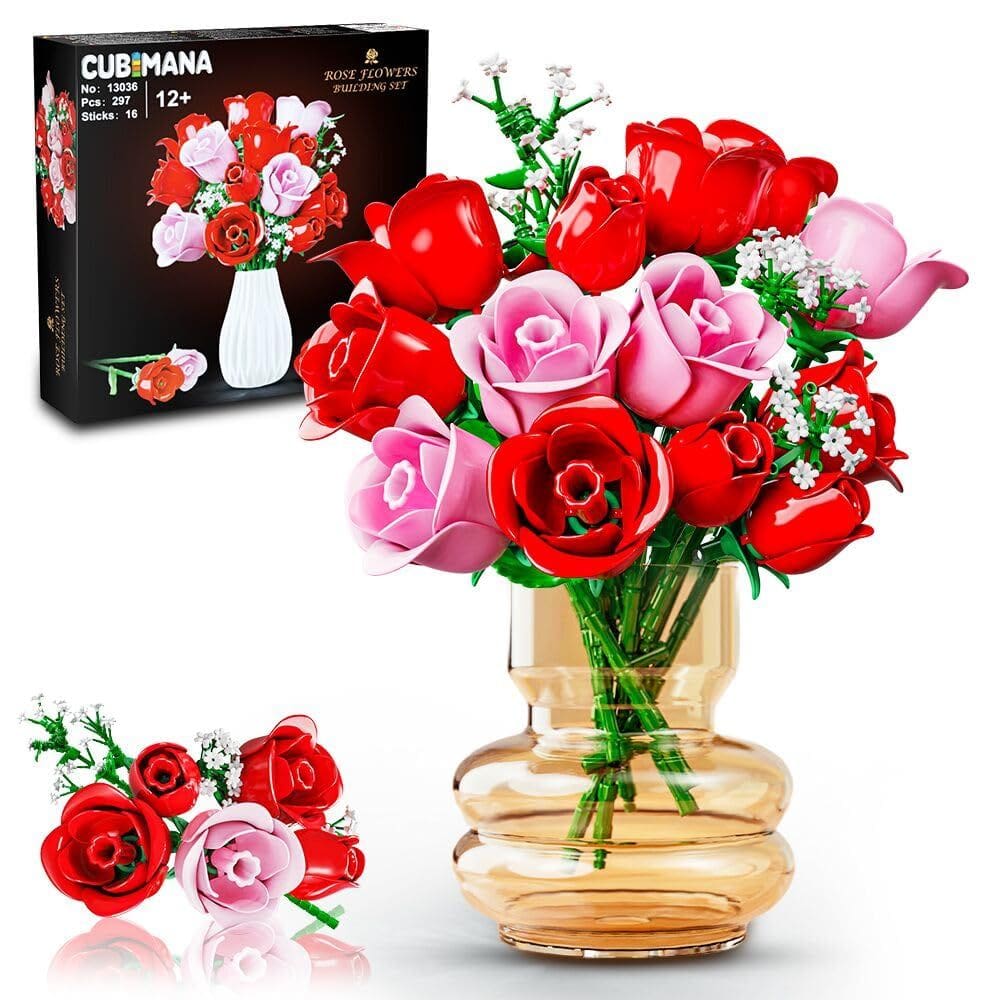 Conjunto de construção: buquê de flores CUBIMANA com luz, 16 rosas, 297 unidades