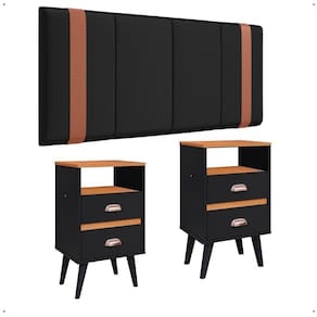 Kit Mesa Cabeceira Classic Gavetas Organizadoras Retrô Preto/Cinamomo Painel Suspenso Estofado Cama Box Casal 1,40 Suede - Lojas RPM