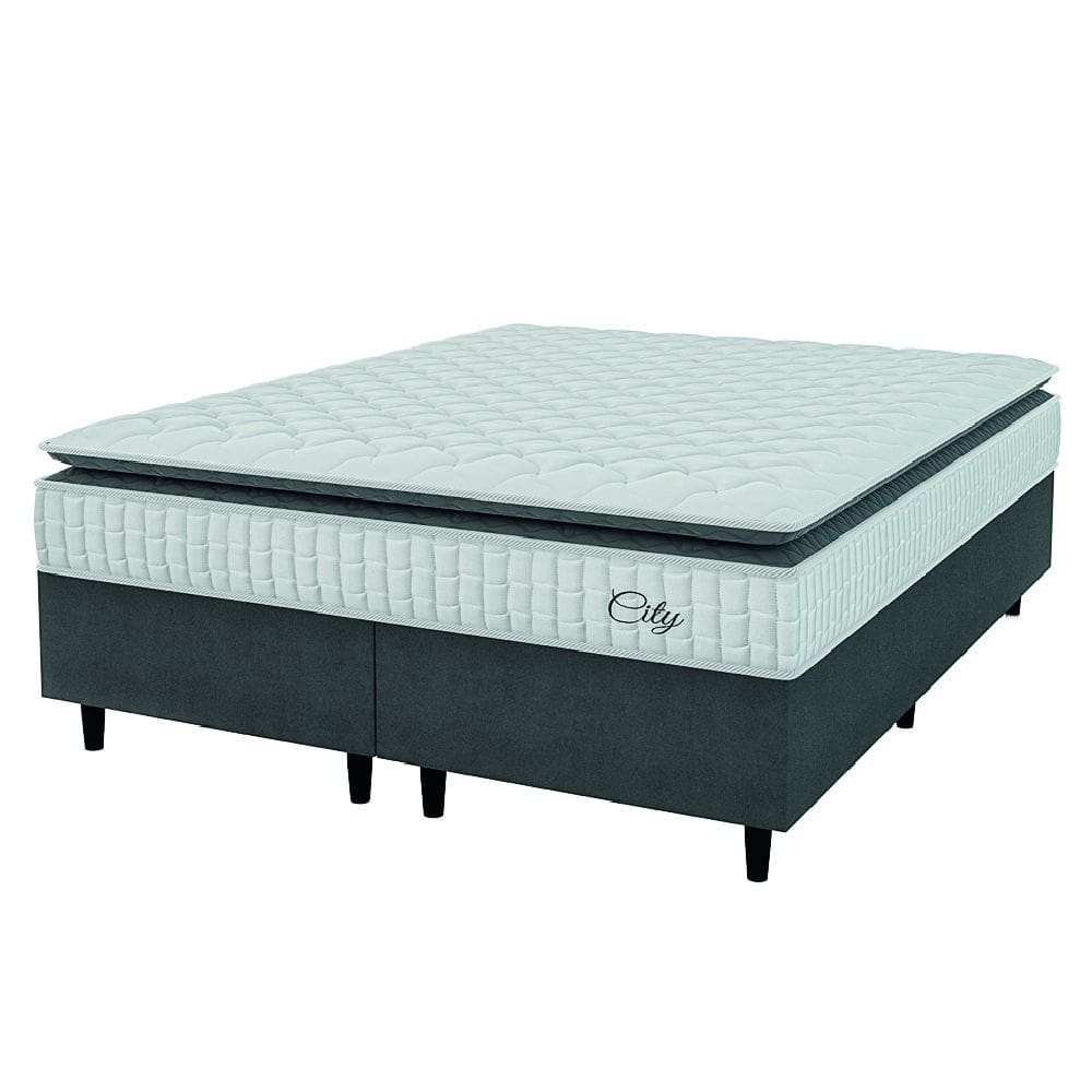 Cama Box Colchão Casal Queen Molas Ensacadas City Pillow Top 158x198x61cm Hellen Branco / Cinza - Suporta até 110kg por Pessoa