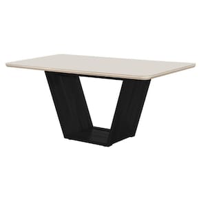 Mesa De Jantar Luxo Retangular 160x90 MDF Vidro Para 6 Lugares Pés Madeira Maciça Safira Preto Off White
