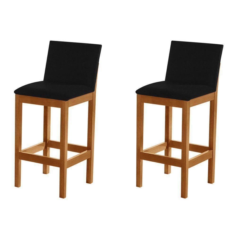 Kit 2 Banquetas Alta Pérola Com Encosto Estofada Em Veludo Preto Madeira Maciça Castanho