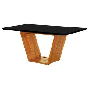 Mesa De Jantar Luxo Retangular 160x90 MDF Vidro Para 6 Lugares Pés Madeira Maciça Safira Mel Preto