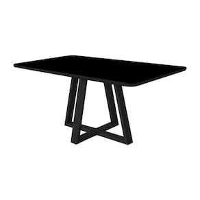 Mesa De Jantar Luxo 160x90 Tampo MDF Vidro Para 6 Lugares Pés Madeira Maciça Pérola Preto Preto