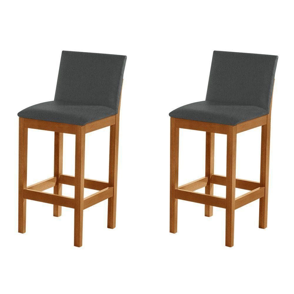 Kit 2 Banquetas Alta Luxo Pérola Com Encosto Estofada Em Veludo Cinza Madeira Maciça Castanho