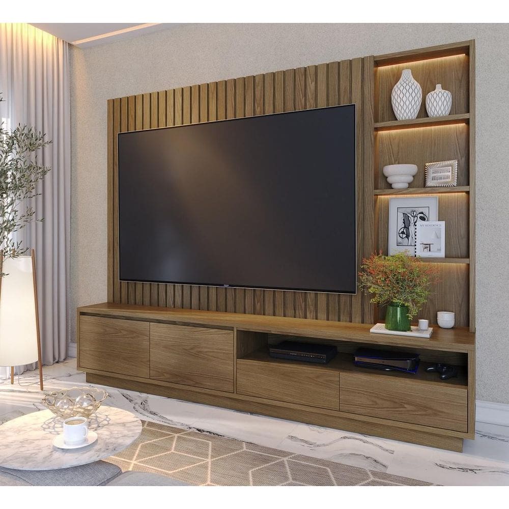 Home Theater Cancún com Led 04 Gavetas e Painel Ripado Amendôa - Colibri