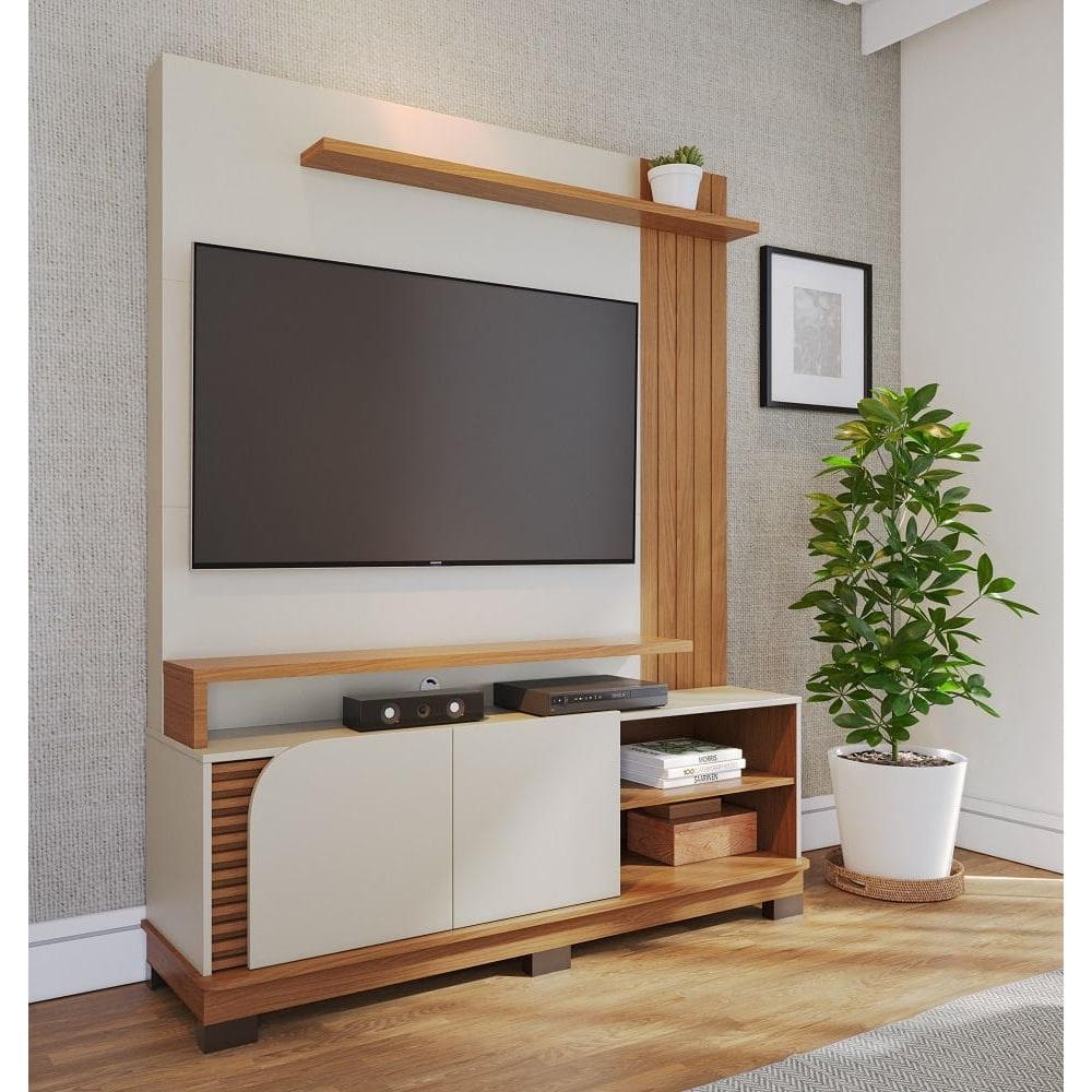 Home Theater Jurerê 1.5 com Detalhes Ripado Artesanal Off White Matte Freijó - Colibri