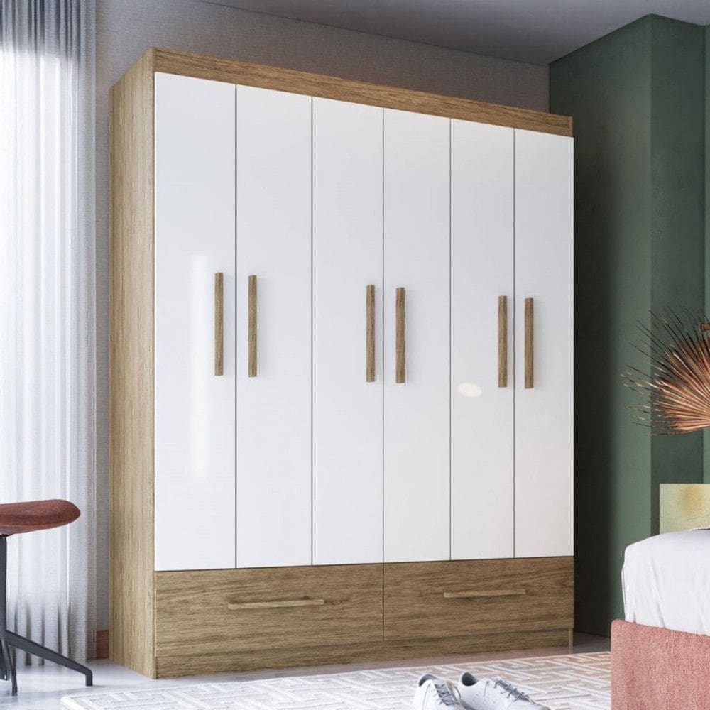Guarda-Roupa Casal 6 Portas 2 Gavetas Wood/Branco Brilho - Decibal