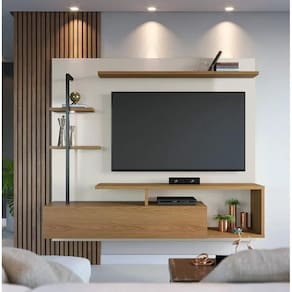 Painel Home Suspenso Maragogi Detalhes em Tubo Metálico P/ Tv até 58 Polegadas Off White Freijó - Colibri