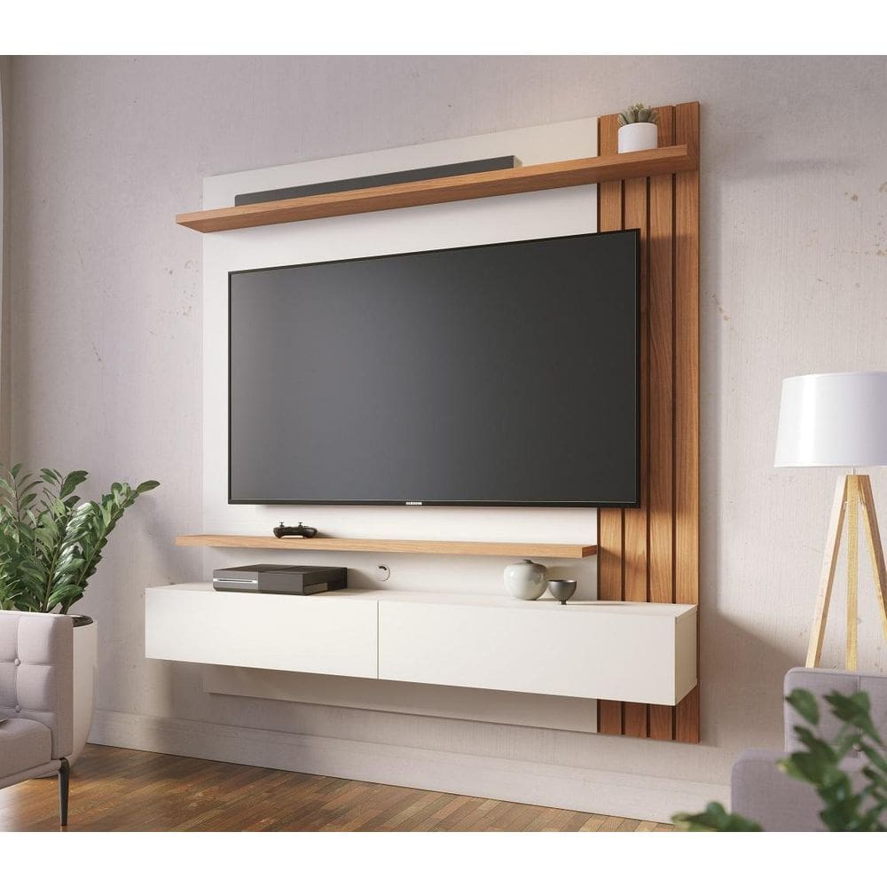 Painel Para Tv com Bancada Suspenso Juriti 150mt com 2 Portas e 1 Prateleira Off White Matte/ Freijó - Colibri