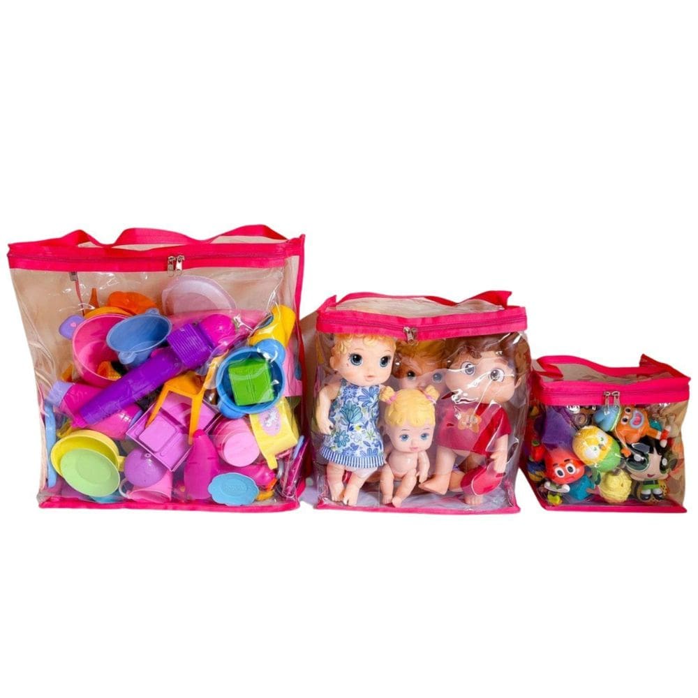 Kit 3X Bolsa Para Armazenamento De Brinquedos, P/M/G Rosa