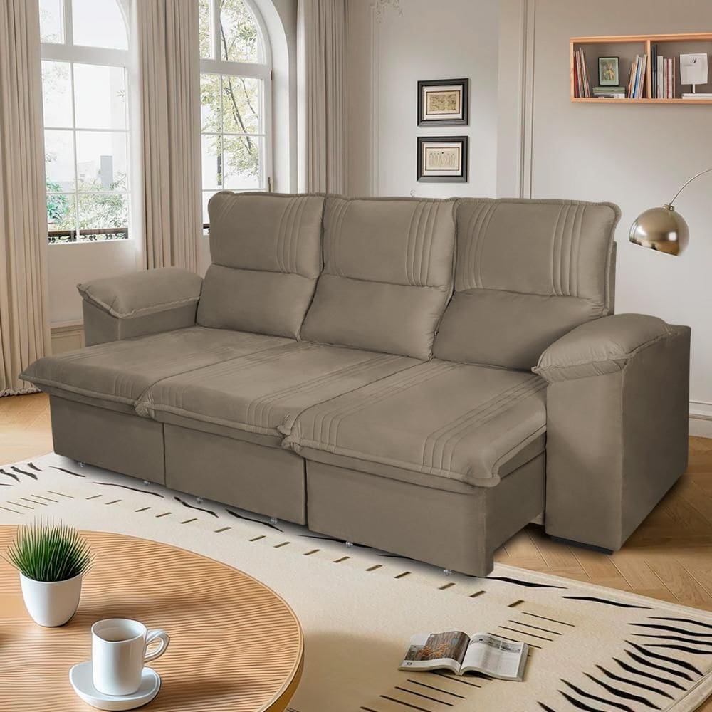Sofá Retrátil Reclinável America 2,30m Suede Tabaco