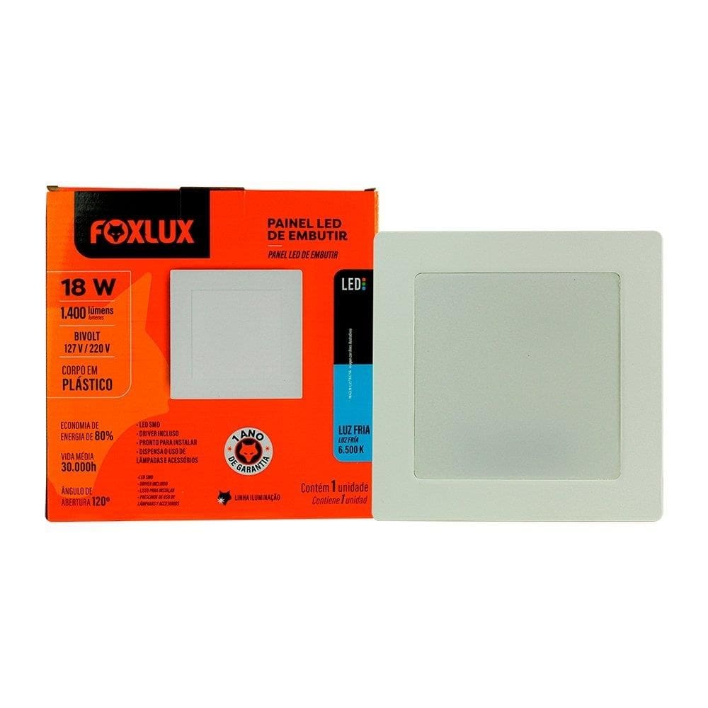 Plafon Painel LED Foxlux Plástico Quadrado Embutir 18W 22cm 6,5K