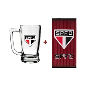 Kit Toalha + Caneca Vidro Cerveja Chopp 340 ml Tricolor Paulista Licenciado
